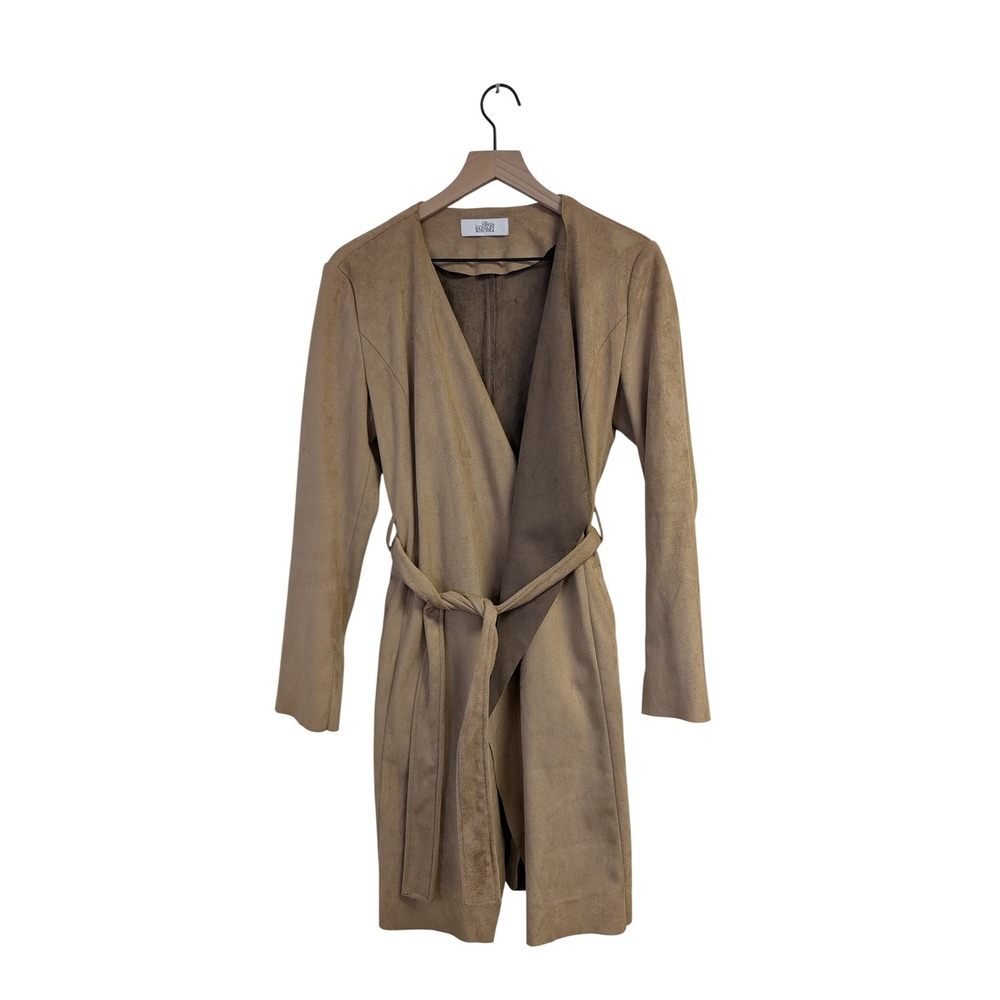 Belle Badgley Mischka Faux Suede Wrap Coat Belted Duster Minimalist‎ Tan Small